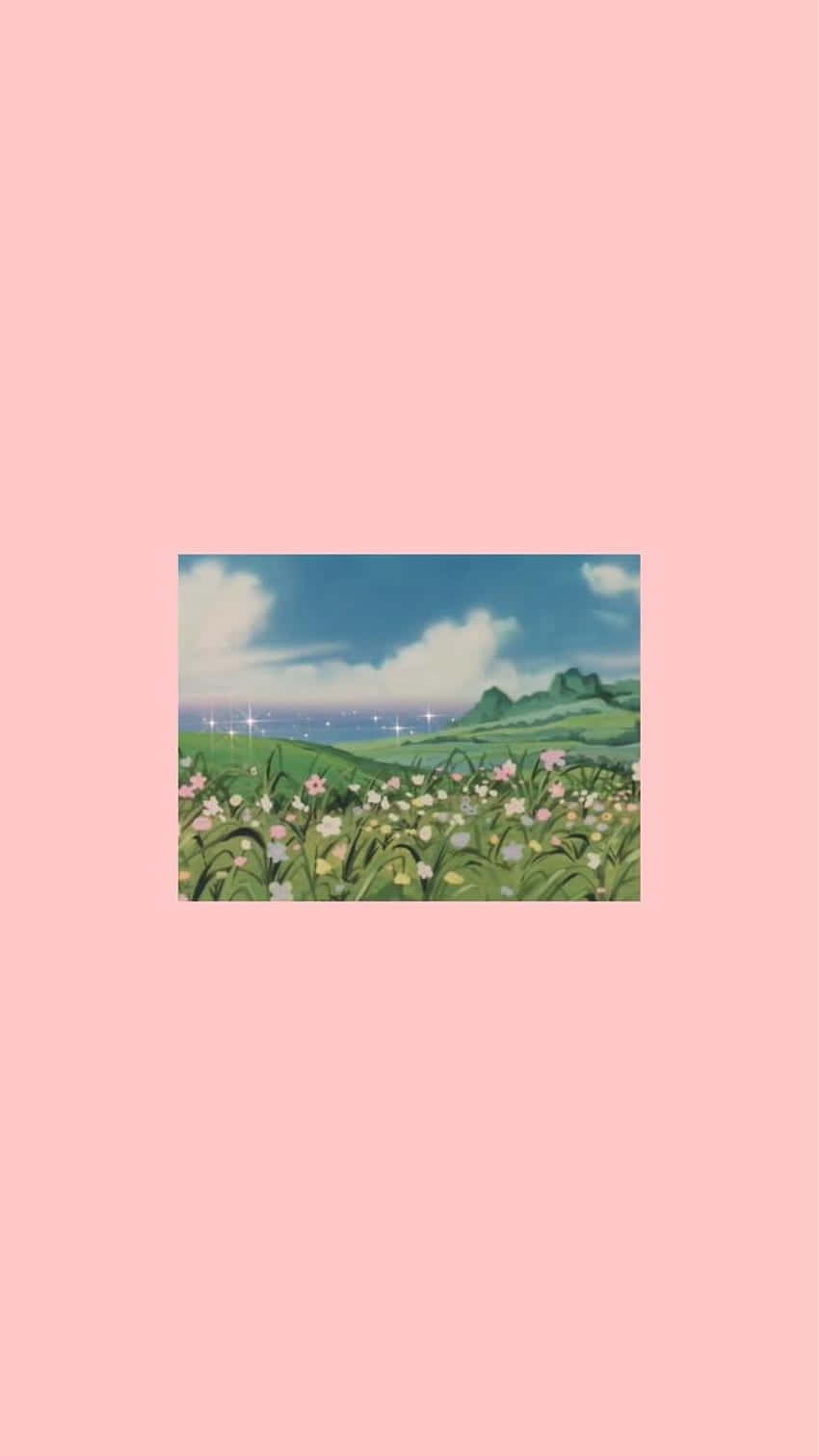 90年代動漫風花田 壁紙 — 一個寧靜的動漫風格原野，粉紅色和白色的花朵，藍天白雲，遠處有綠色山丘。