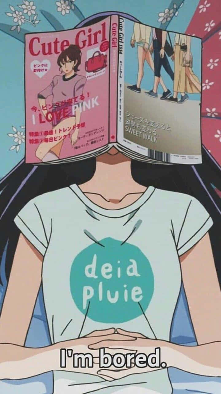 穿藍色T恤的動漫女孩拿著雜誌遮住臉，上面寫著我很無聊