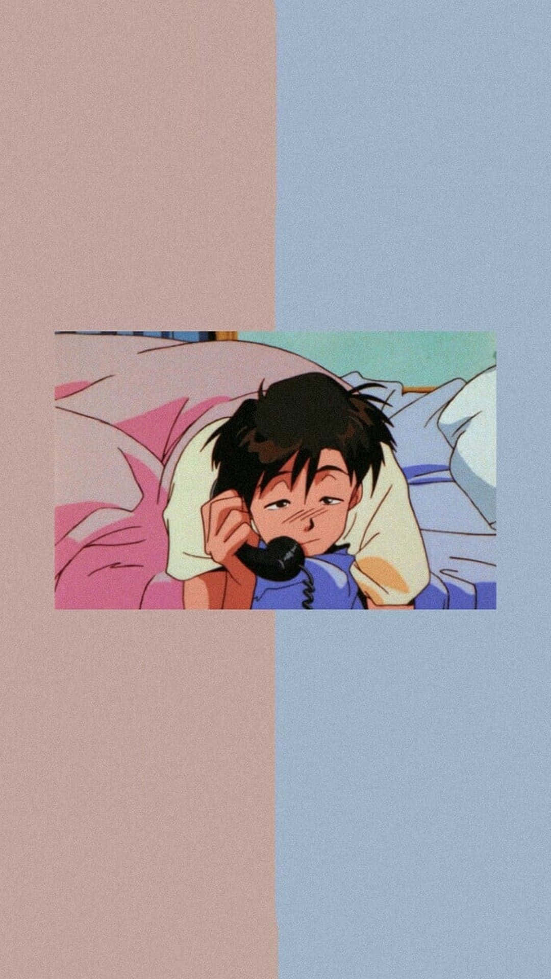 動漫男孩躺在床上，在粉彩粉紅色和藍色背景前拿著電話貼在耳邊。