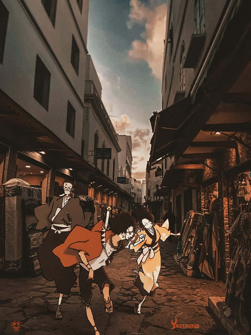 90年代動畫風格武士 Champloo 壁紙 — 兩個動漫角色在昏暗天空下，於舊建築之間的狹窄鵝卵石小巷中碰撞。