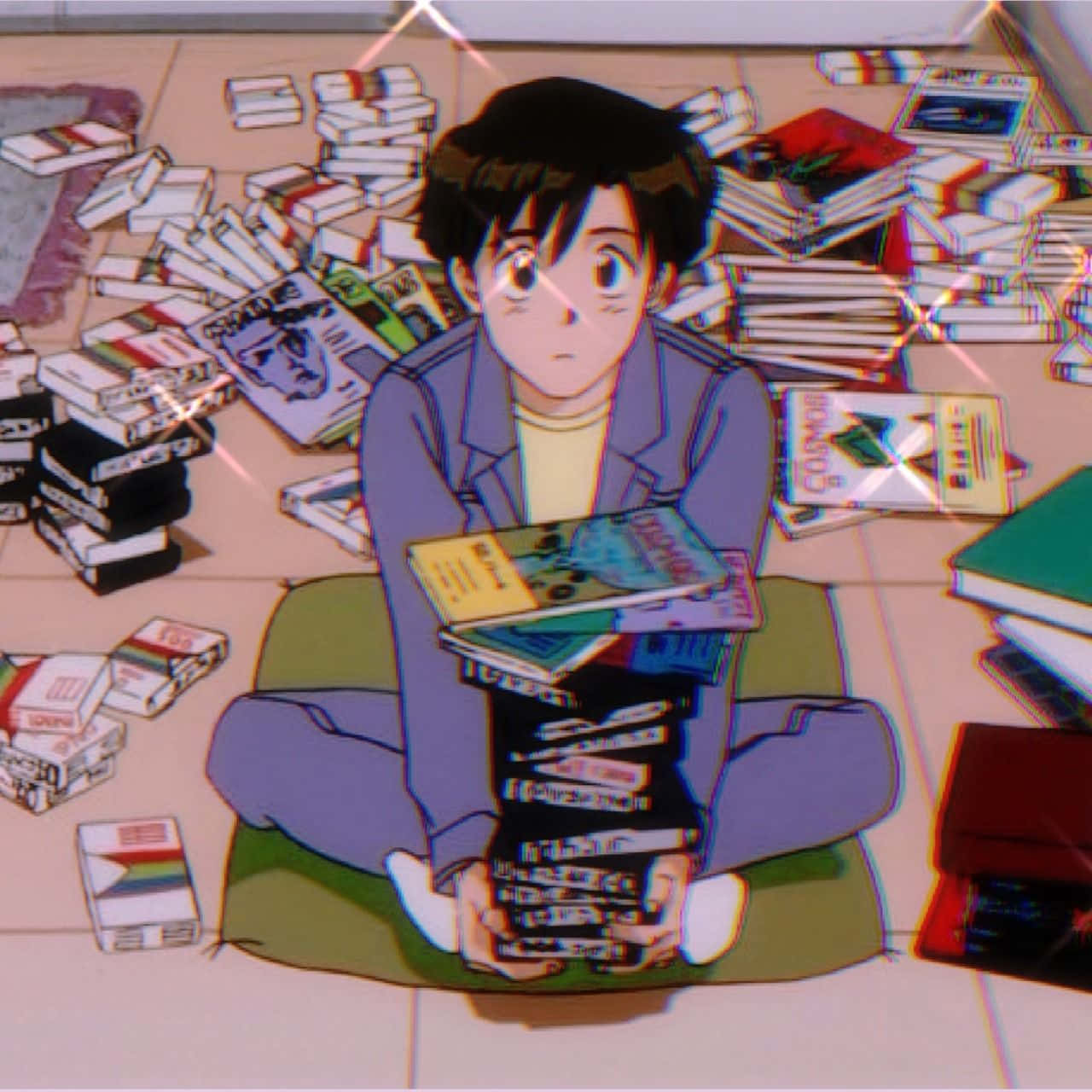 90年代動畫風格男孩與房間 壁紙 — 一個年輕的動漫男孩盤腿坐在綠色墊子上，周圍散落著書本和磁帶在瓷磚地板上。