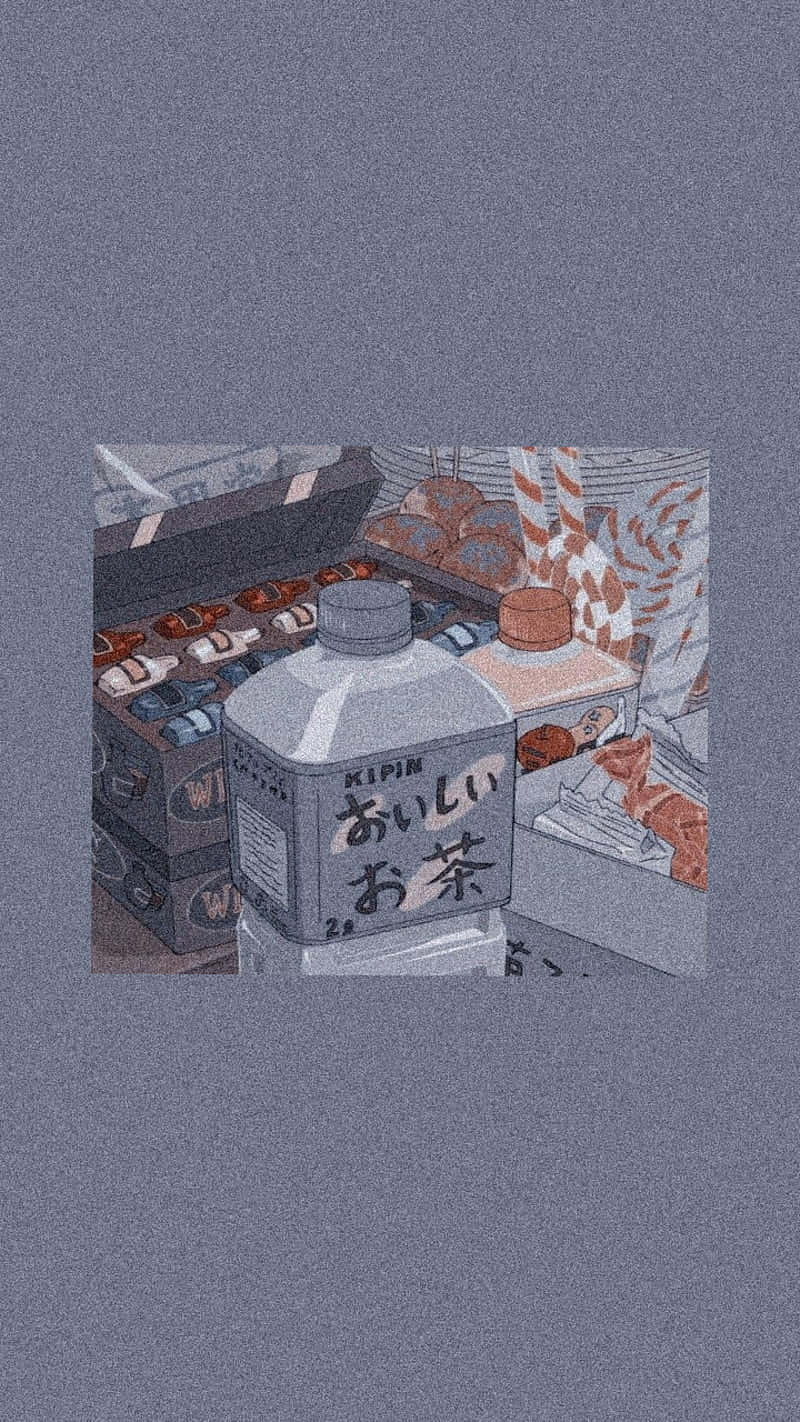 90年代動畫風格雜貨與清酒 壁紙 — 一個復古風格的插圖，描繪一個日本茶瓶，周圍環繞著零食和圖案布料，背景為有紋理的灰色。