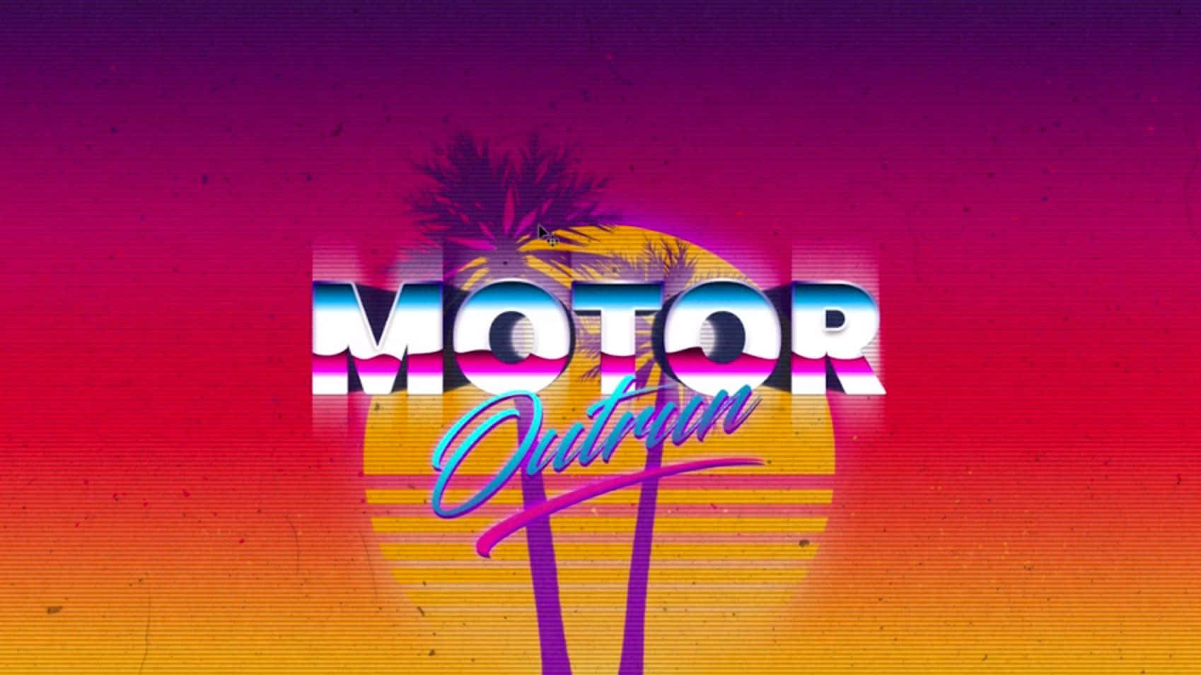 復古電子遊戲標題 MOTOR Outrun，背景為棕櫚樹和日落。