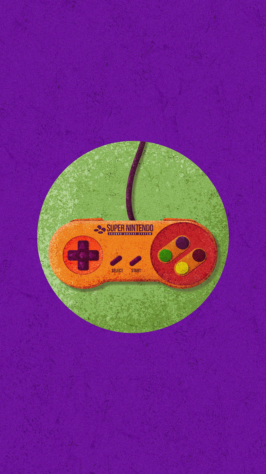 復古橙色Super Nintendo控制器，綠色圓圈，紫色背景。