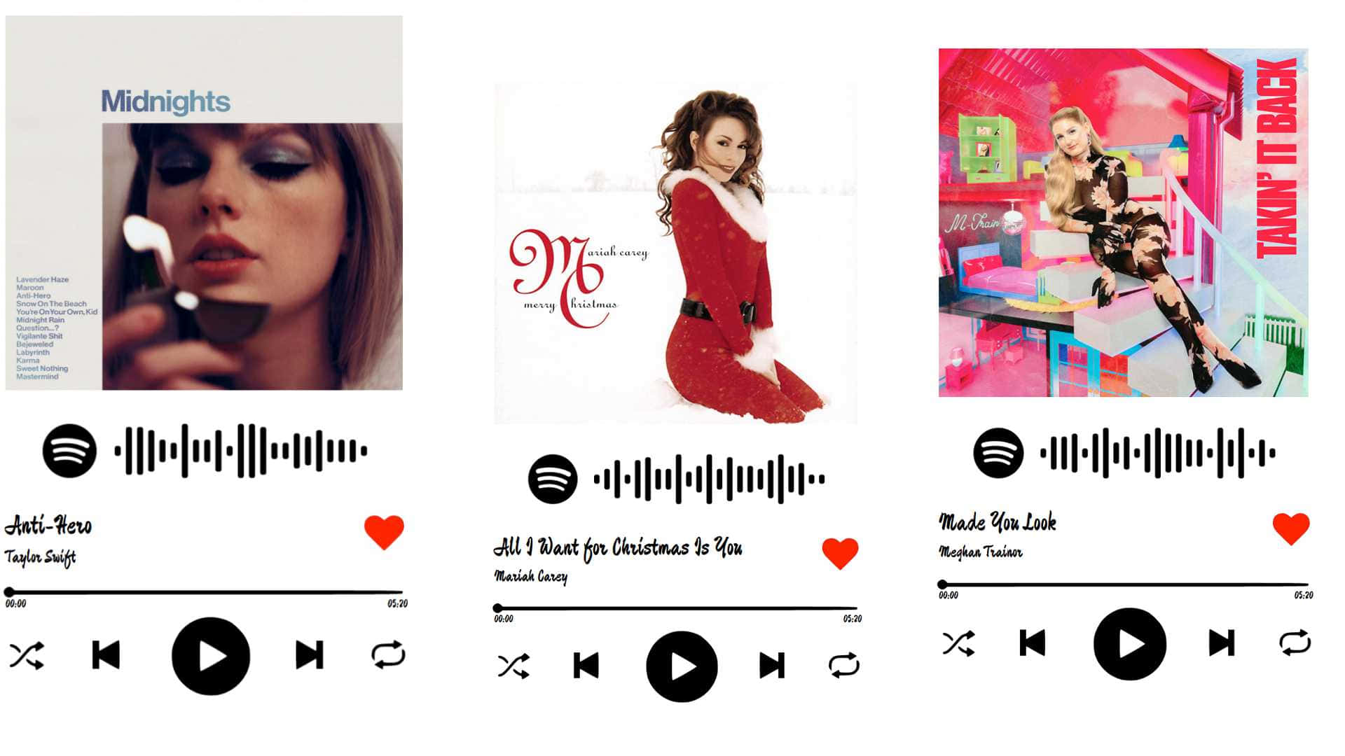 90年代知名女歌手歌曲圖 壁紙 — 三張 Spotify 專輯封面以風格化肖像展示 Taylor Swift、Mariah Carey 和 Meghan Trainor，並附有歌曲名稱和播放控制。