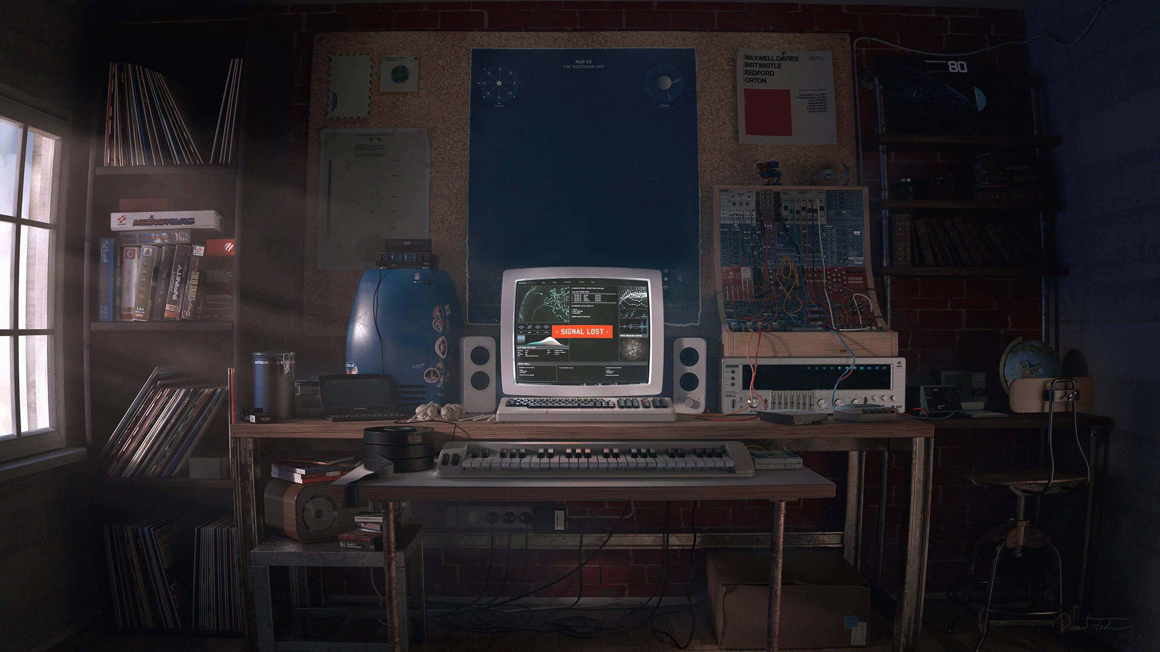 90年代電腦用於音樂製作 壁紙 — 燈光昏暗的復古音樂工作室，一部復古電腦顯示終端屏幕，周圍環繞著黑膠唱片和模擬設備。