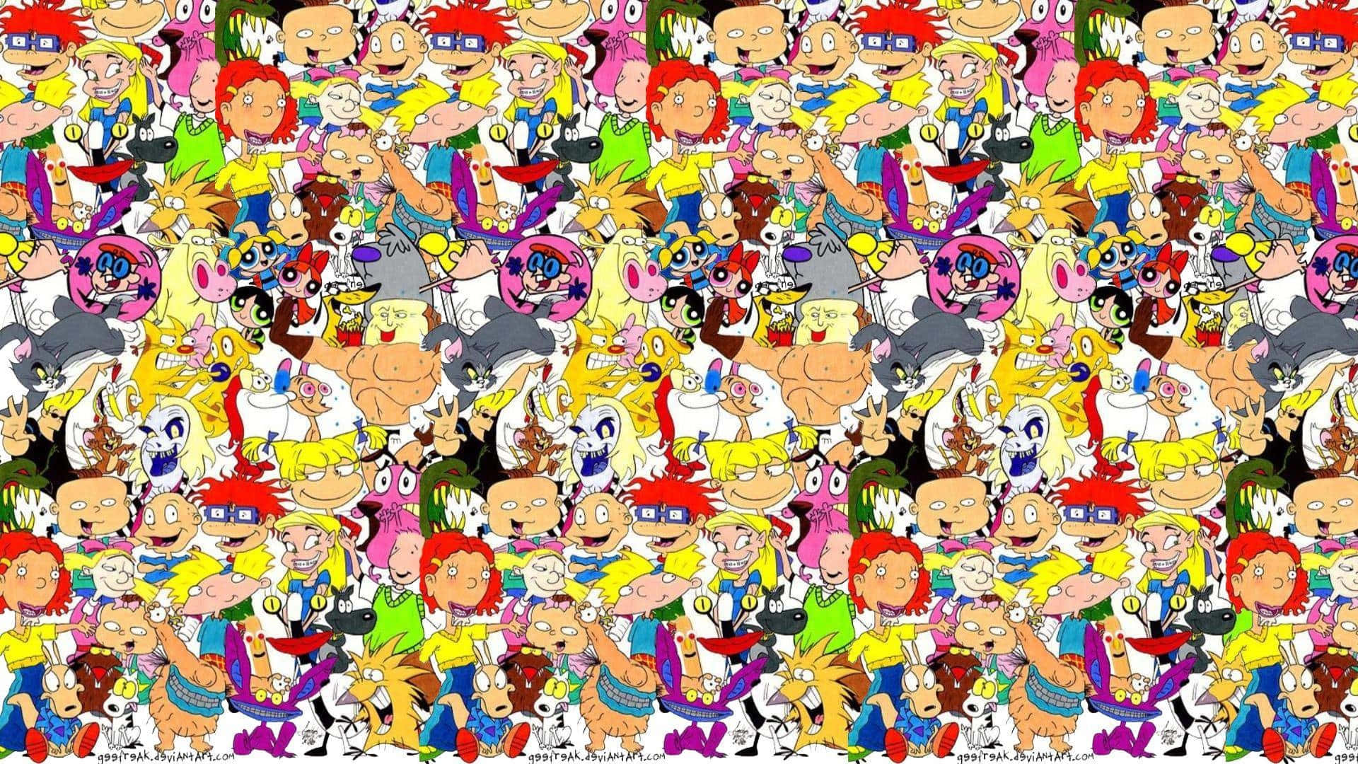 90年代電腦與 Ginger 角色 壁紙 — 充滿活力的拼貼畫，由 Rugrats 和 Powerpuff Girls 的卡通角色密集排列成重複圖案。