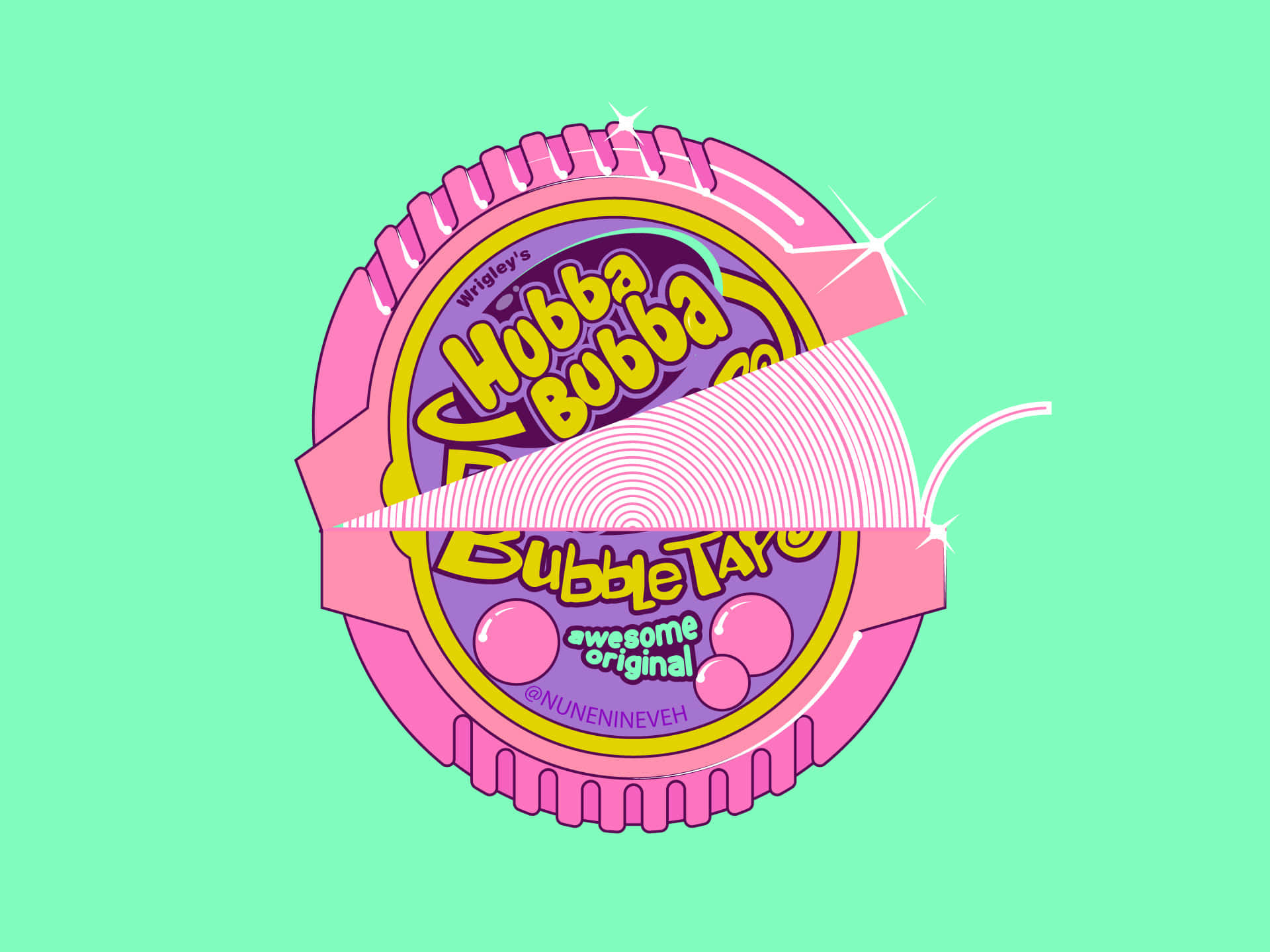 在薄荷綠色背景上被撕開的粉紅色 Hubba Bubba 泡泡糖包裝紙，帶有閃光。