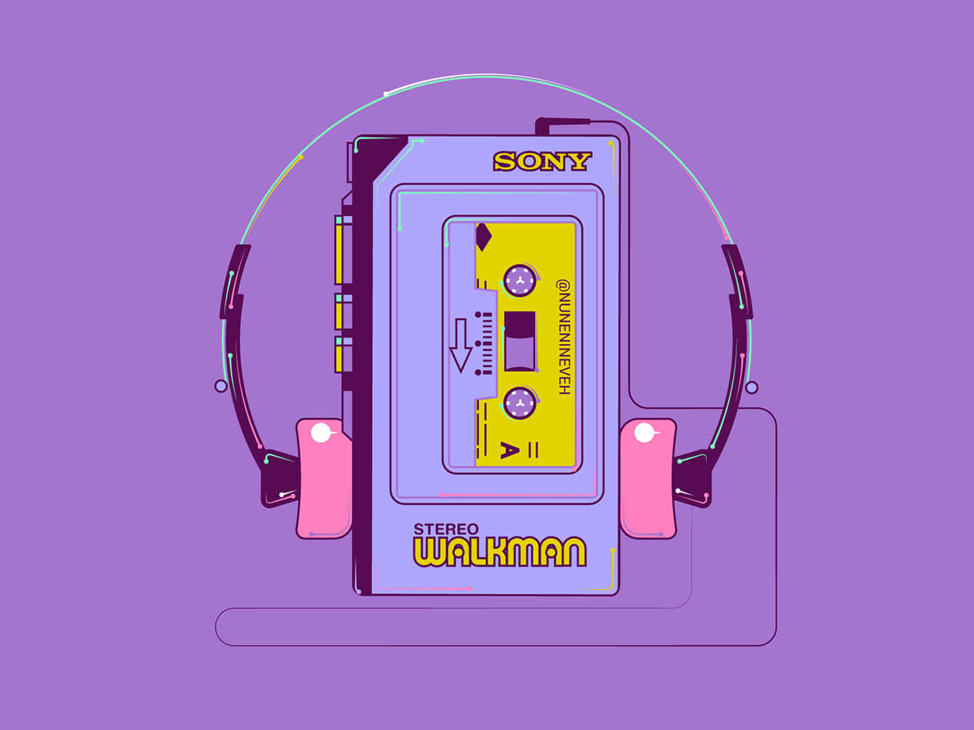 復古Sony Walkman，配有粉紅色耳機和黃色卡式錄音帶，背景為紫色。
