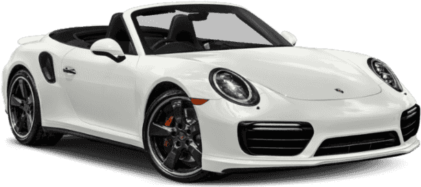 白色保時捷911敞篷車側面視圖 壁紙 — 一輛純白色的保時捷911 Turbo S開篷跑車，帶有黑色飾件和橙色制動卡鉗，在工作室燈光下展示。