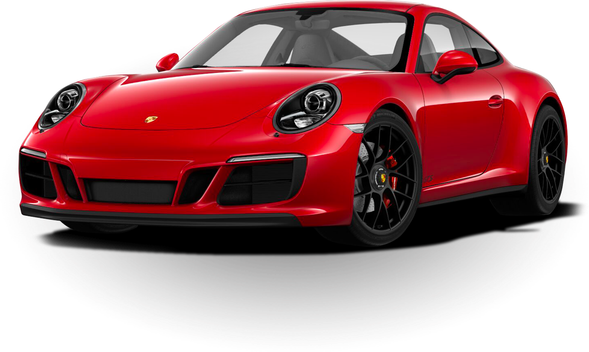 紅色保時捷911 Carrera側面視圖 壁紙 — 一輛光澤的紅色保時捷911 GT3 RS跑車，配備黑色輪圈和空氣動力學設計，在工作室燈光下展示。