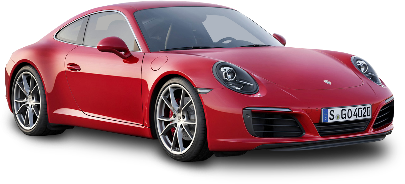 紅色保時捷911 Carrera側面視圖 壁紙 — 一輛光亮的紅色保時捷911跑車，配備銀色輪圈和黑色飾件，在黑色背景上以側面展示。
