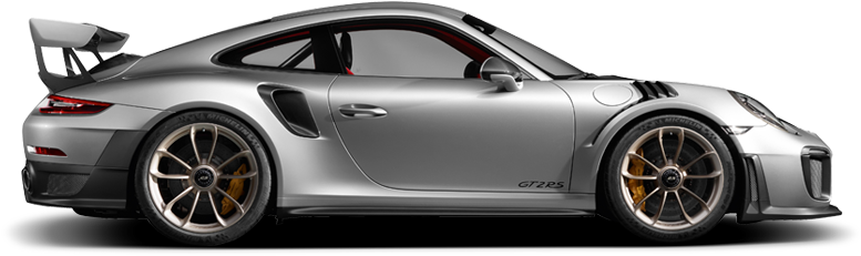 銀色保時捷911 GT2 RS側面視圖 壁紙 — 一輛時尚的銀色保時捷 911 GT2 RS 跑車，配備金色制動卡鉗和大尾翼，在透明背景上以側面展示。
