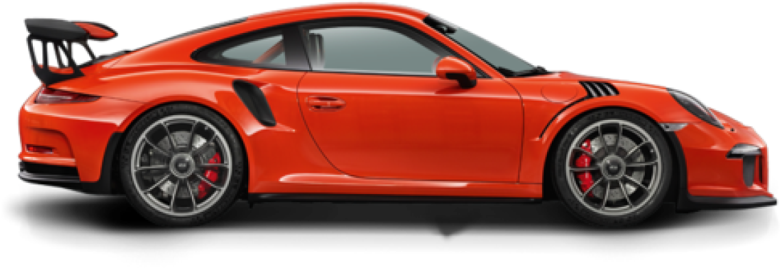 紅色保時捷911 GT3側面視圖 壁紙 — 一輛充滿活力的橙色保時捷 911 GT2 RS 跑車，帶有黑色飾邊和紅色制動卡鉗，在透明背景上以側面顯示。