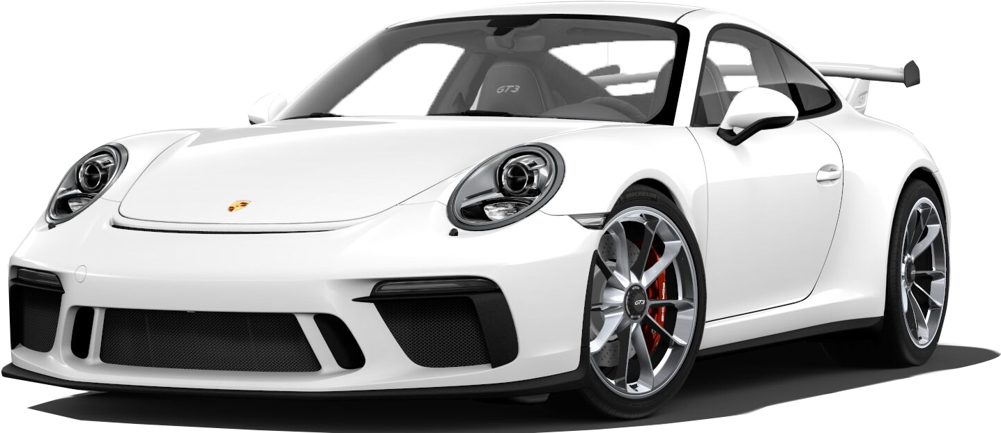 白色保時捷911 GT3運動跑車 壁紙 — 一輛純白色的保時捷911 GT3跑車，配備紅色制動卡鉗和後擾流板，在黑色背景的攝影棚燈光下展示。