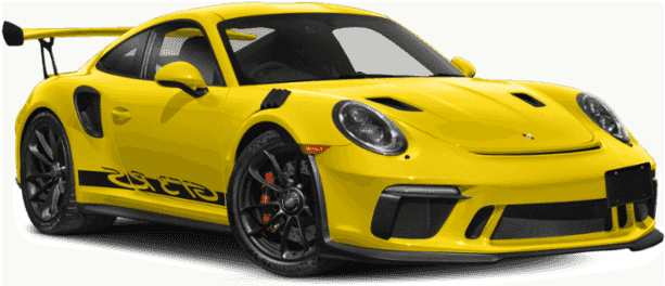 黃色保時捷911 GT3側面視圖 壁紙 — 一輛鮮黃色保時捷 911 GT3 RS 跑車，帶有黑色飾邊和賽車條紋，在工作室燈光下展示。