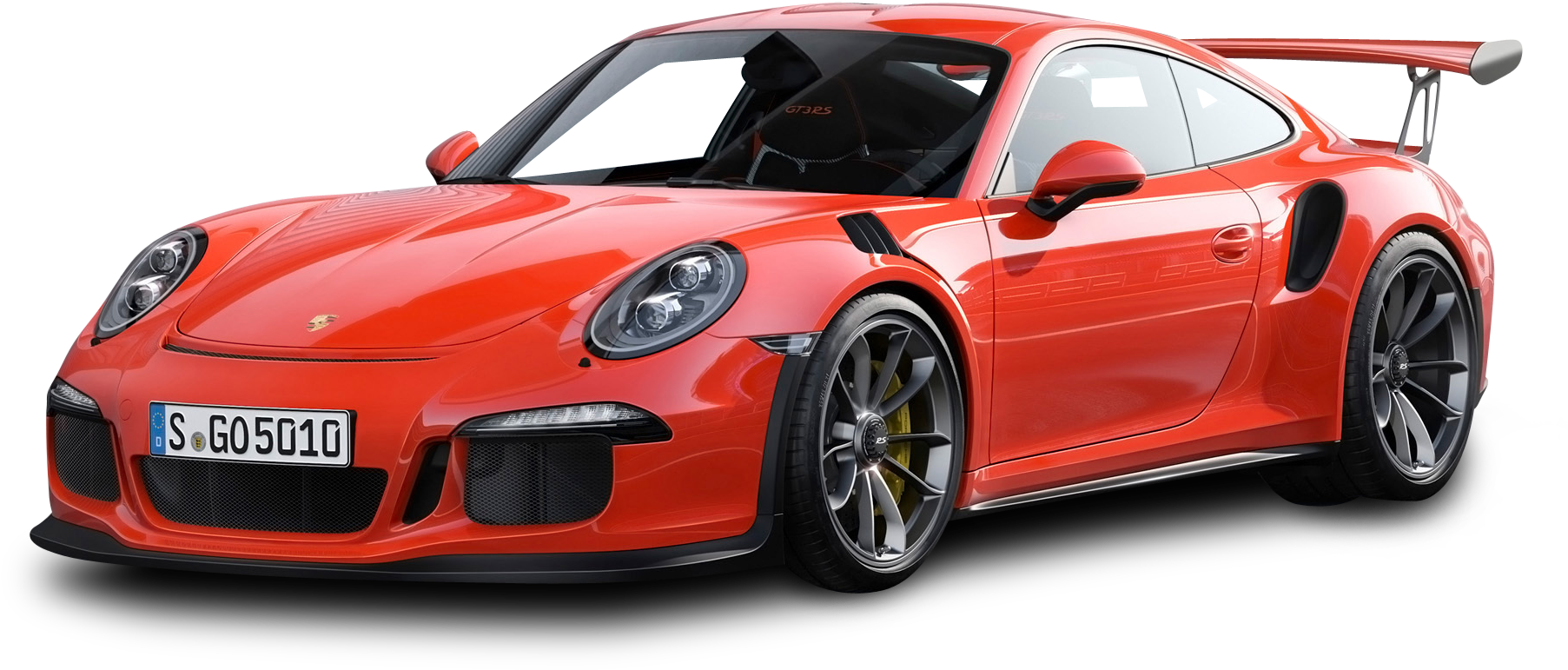 紅色保時捷911 GT3 RS側面視圖 壁紙 — 一輛鮮紅色的保時捷 911 GT2 RS 跑車，帶有黑色飾邊和黃色制動卡鉗，孤立地立在純黑色背景上。