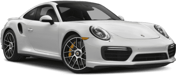 白色保時捷911 Turbo側面視圖 壁紙 — 一輛純白色的保時捷 911 Turbo S 跑車，帶有黑色飾件和金色制動卡鉗，在攝影棚燈光下展示。
