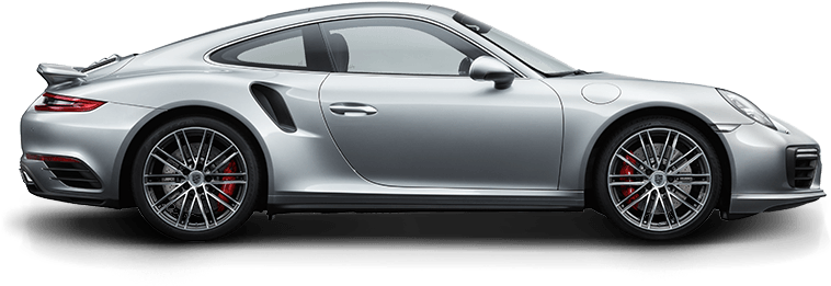 銀色保時捷911 Turbo側面視圖 壁紙 — 一輛時尚的銀色保時捷911 Turbo S跑車，在黑色背景上以側面展示，紅色制動卡鉗清晰可見。