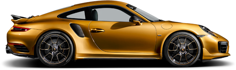金色保時捷911 Turbo側面輪廓 壁紙 — 一輛閃閃發光的金色保時捷911 Turbo S跑車，在純黑色背景上以側面輪廓展示。