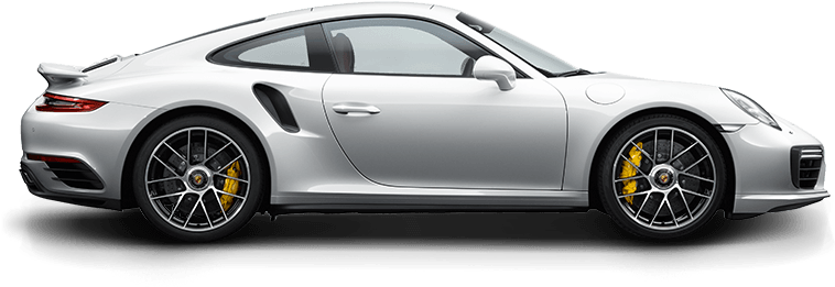 銀色保時捷911 Turbo側面視圖 壁紙 — 一輛時尚的銀色保時捷911 Turbo S跑車，帶有黃色制動卡鉗，在黑色背景上以側面輪廓展示。