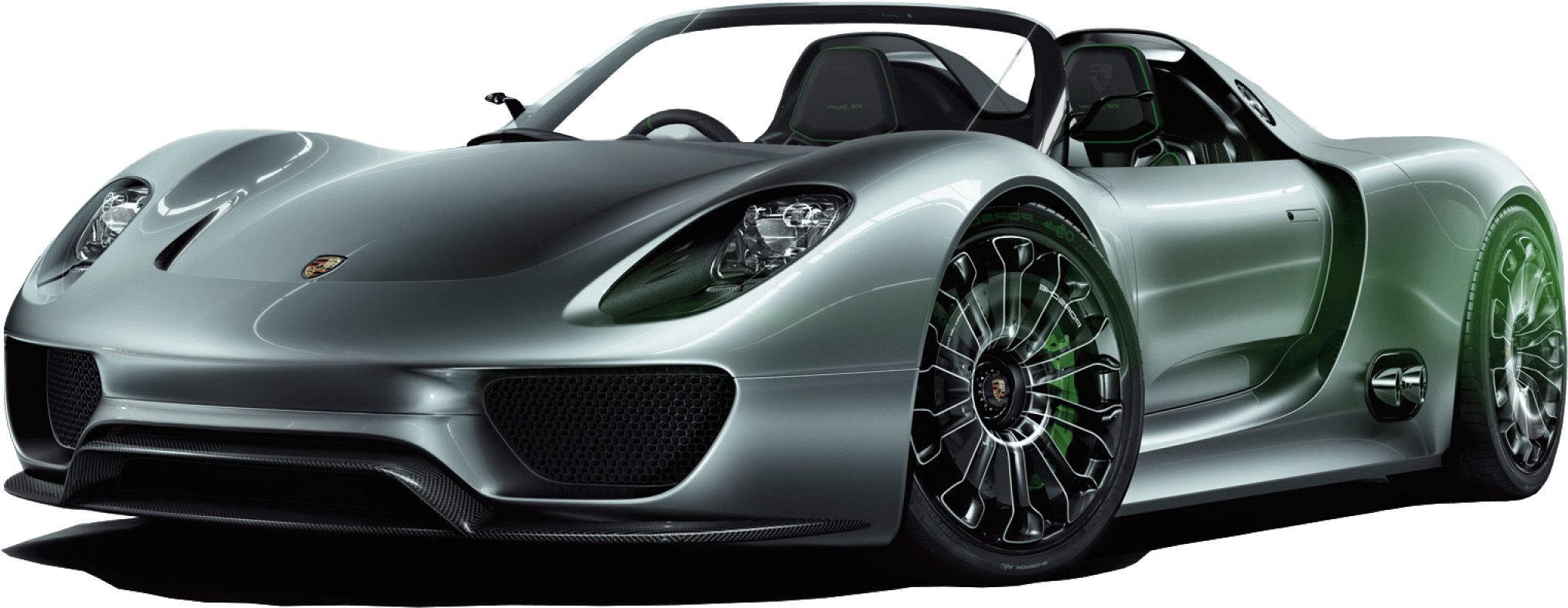 銀色保時捷918 Spyder側面視圖 壁紙 — 一輛時尚的銀色保時捷918 Spyder跑車，帶有綠色點綴和黑色輪圈，在工作室燈光下展示。