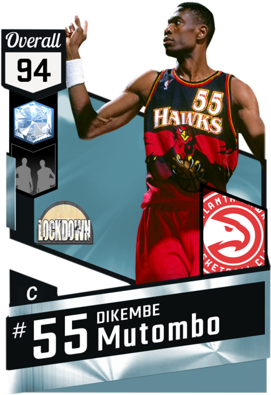 迪肯貝·穆托姆博94總評卡 壁紙 — Dikembe Mutombo 身穿亞特蘭大老鷹隊球衣，附有統計卡圖形疊加。