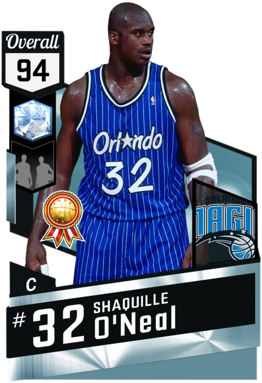 沙克·奧蘭多魔術隊卡94總評 壁紙 — Shaquille O'Neal 身穿奧蘭多魔術隊球衣，附有統計數據和獎項的籃球交易卡設計。