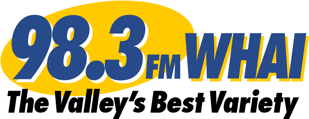 98.3 WHAI FM電台標誌 壁紙 — 98.3 FM WHAI 的醒目藍黃色電台標誌，白色輪廓襯托黑色背景。