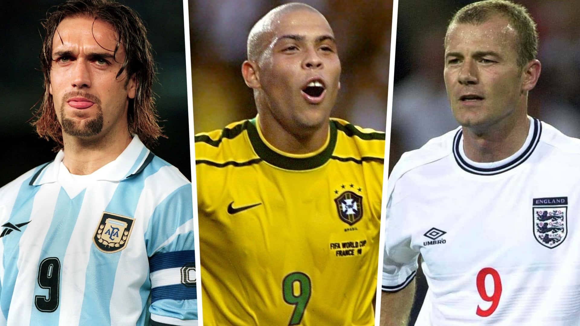 9號 Gabriel Batistuta、Ronaldo 與 Alan Shearer 壁紙 — 三位足球傳奇人物身穿各自國家隊的九號球衣，捕捉比賽中的激烈瞬間。