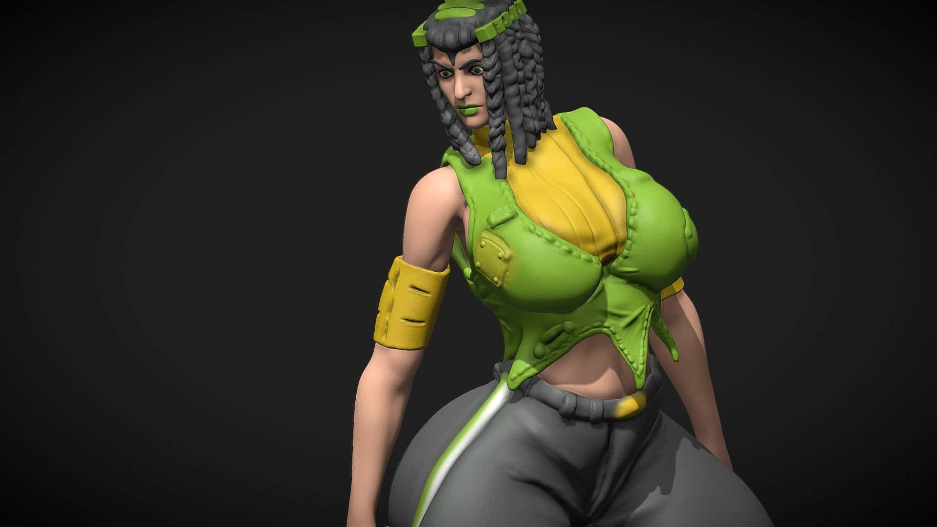  壁紙 — 一位3D渲染的女性戰士，辮子頭髮，穿著綠色黃色服裝，在深色背景前自信地擺姿勢。