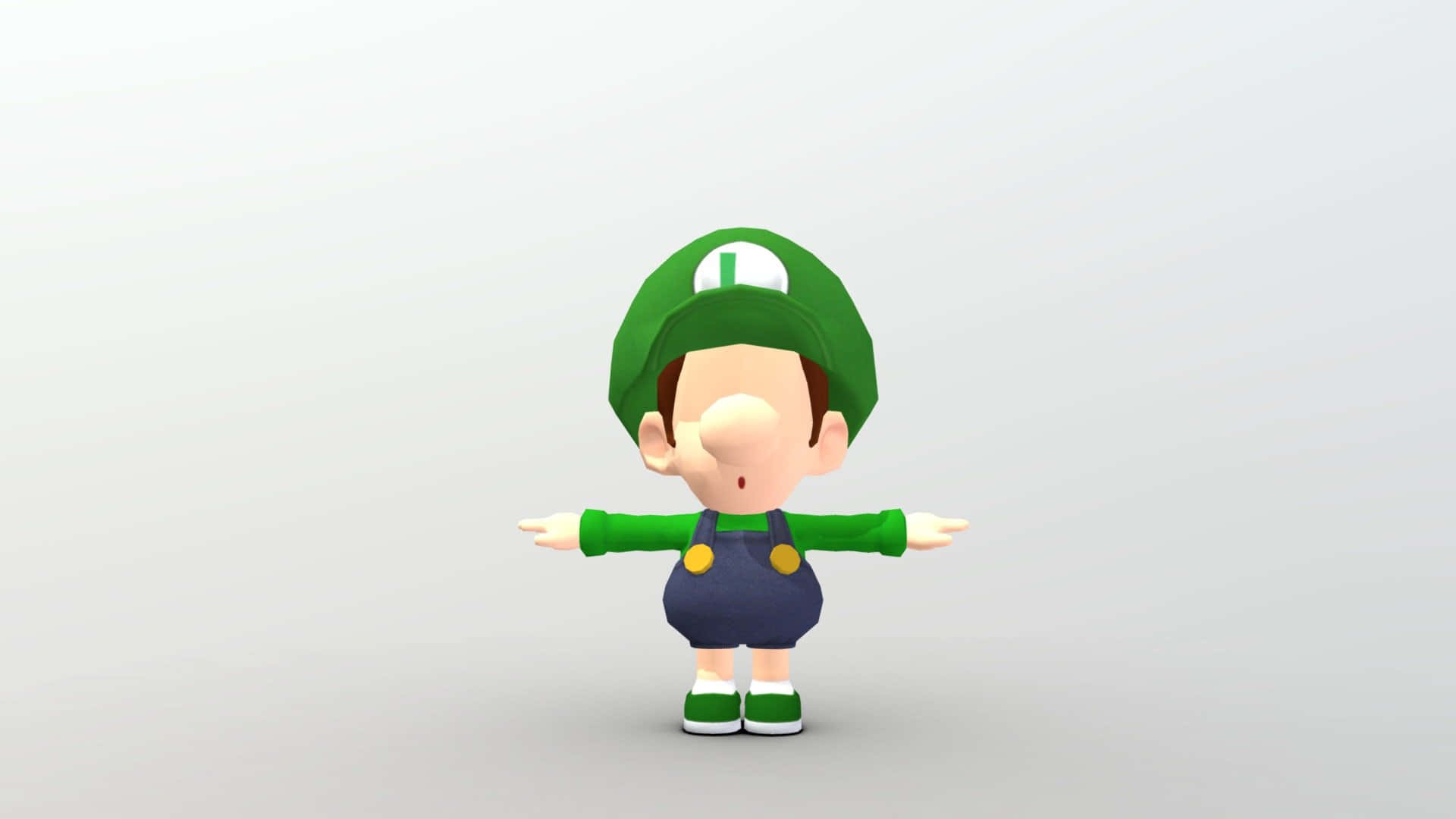 Baby Luigi 桌布 壁紙 — 一個3D渲染嘅路易吉角色企喺純白色背景前，雙臂伸展。