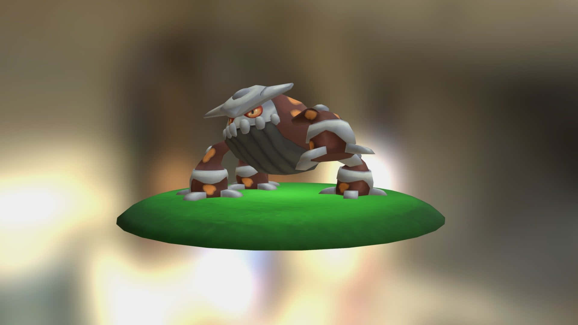 Heatran 3D模型立於草地上 壁紙 — 一隻3D渲染的寶可夢，身穿棕色和白色盔甲，站在漂浮的綠色草地上，背景是模糊的暖色調。