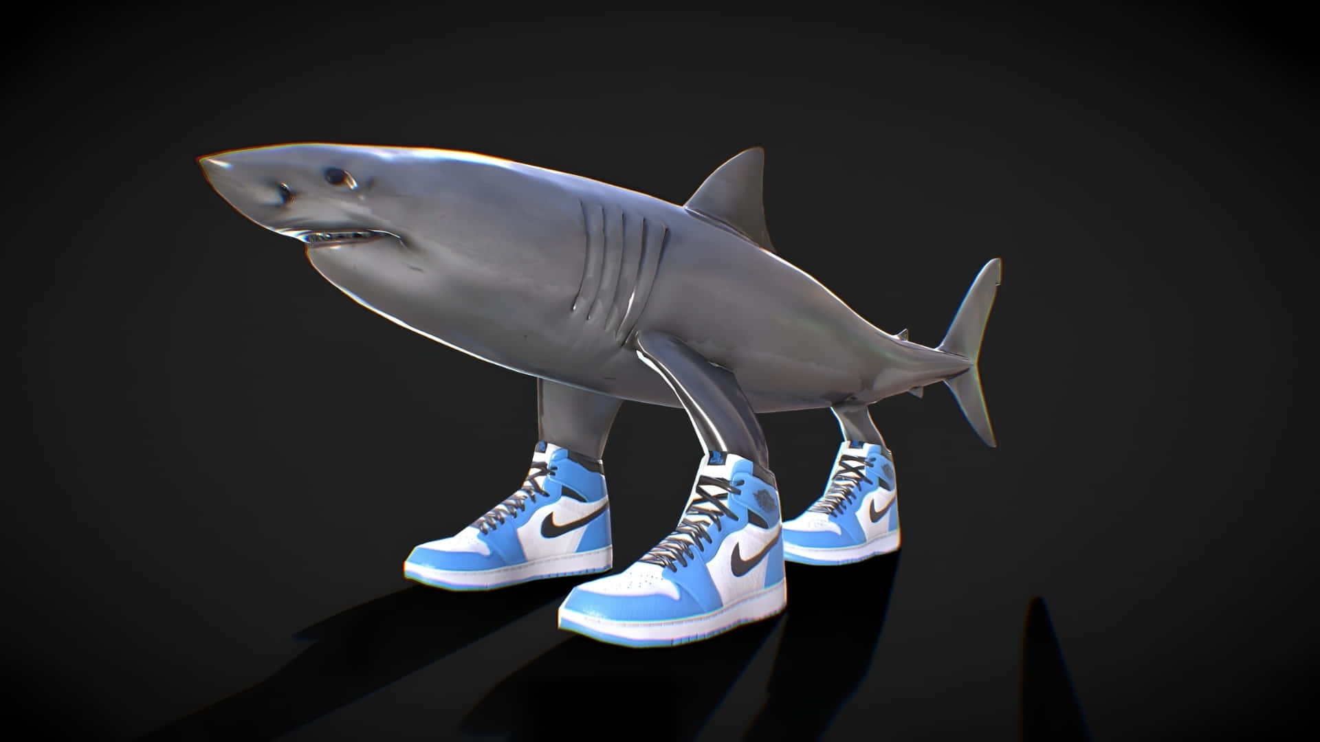  壁紙 — 一條3D渲染的鯊魚直立喺藍白波鞋上面，背景係黑暗嘅反光表面。