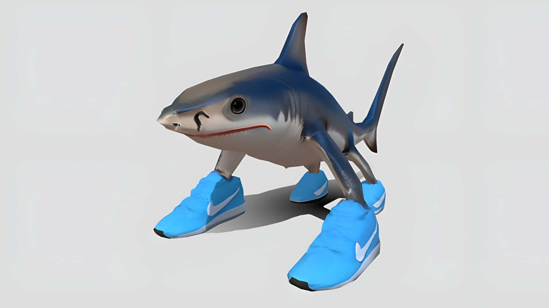  壁紙 — 一條3D渲染的鯊魚穿著亮藍色運動鞋，站在純白色背景前。