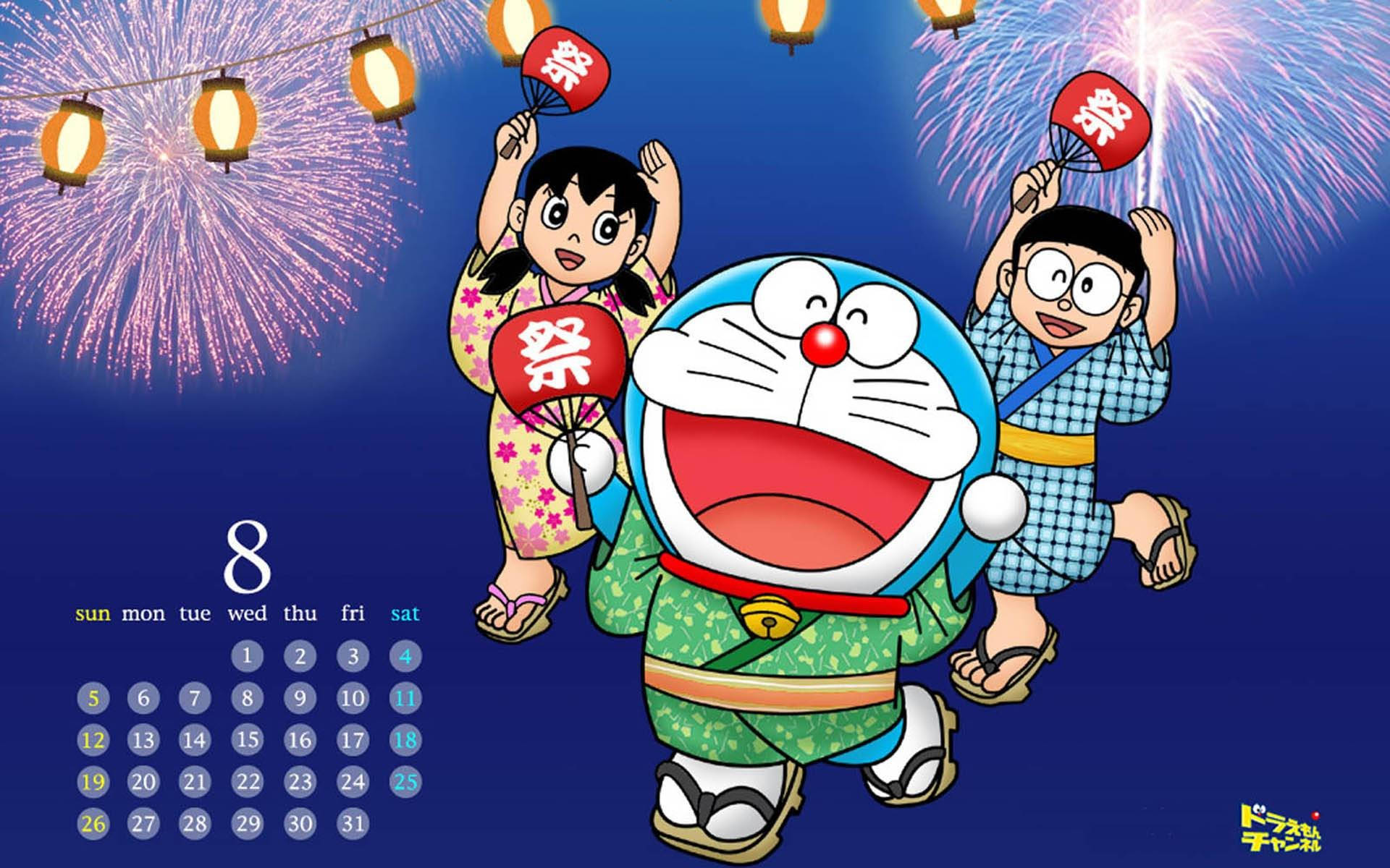 哆啦A夢在日曆中 壁紙 — 多啦A夢和朋友們穿著傳統日本服裝在煙花下慶祝節日。