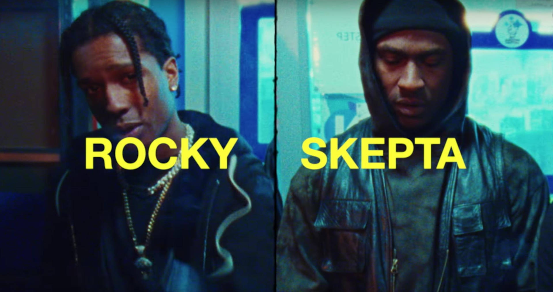 兩個身穿連帽衛衣的饒舌歌手Rocky和Skepta，帶有粗體黃色文字名字。