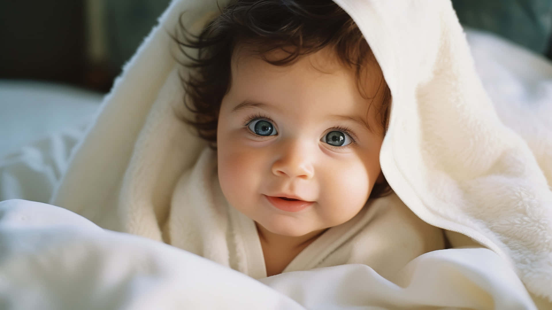  壁紙 — 一個擁有明亮藍色眼睛的嬰兒，從柔軟的白色毯子下探出頭來，帶著溫柔的微笑。
