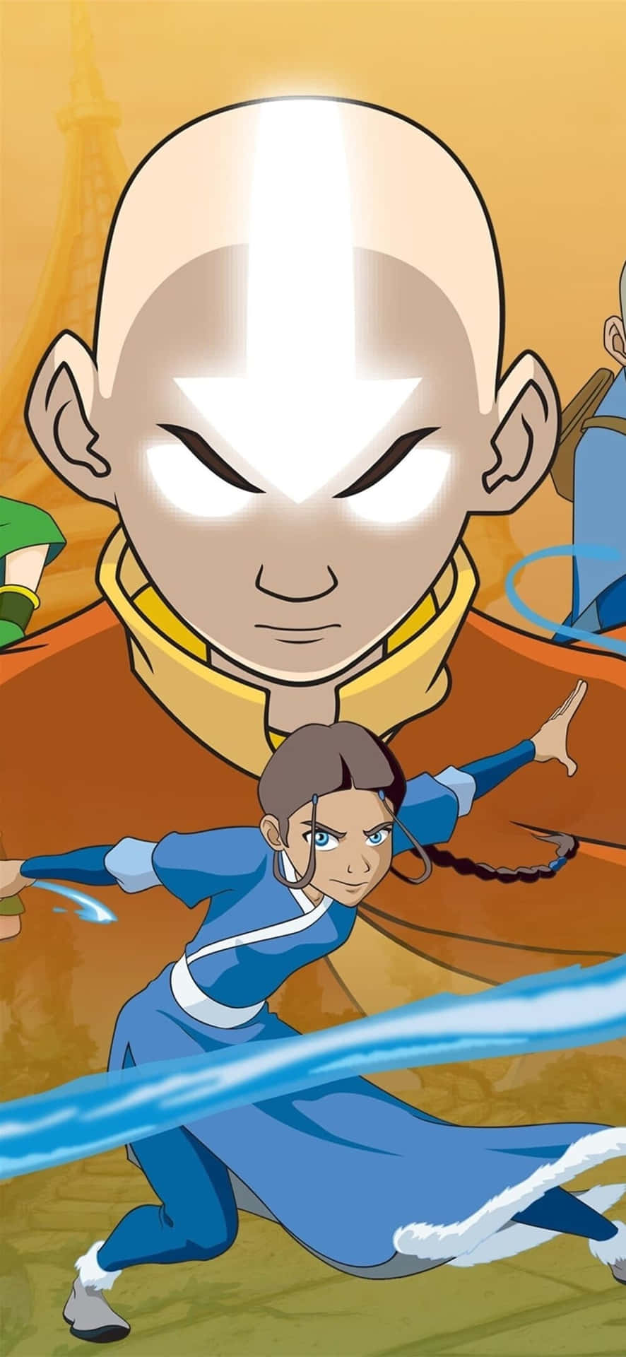  壁紙 — 一個光頭嘅Avatar，帶住發光箭嘴標記，企喺一個藍衫嘅御水師後面，喺一個動感動漫場景中揮舞住水流。
