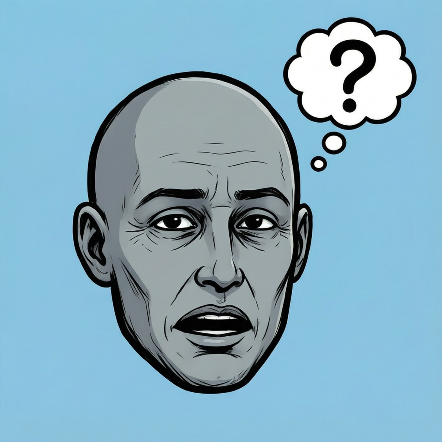NPC Confused 壁紙 — 一個光頭男人表情困惑，頭頂上有一個問號的對話框，背景是淺藍色。