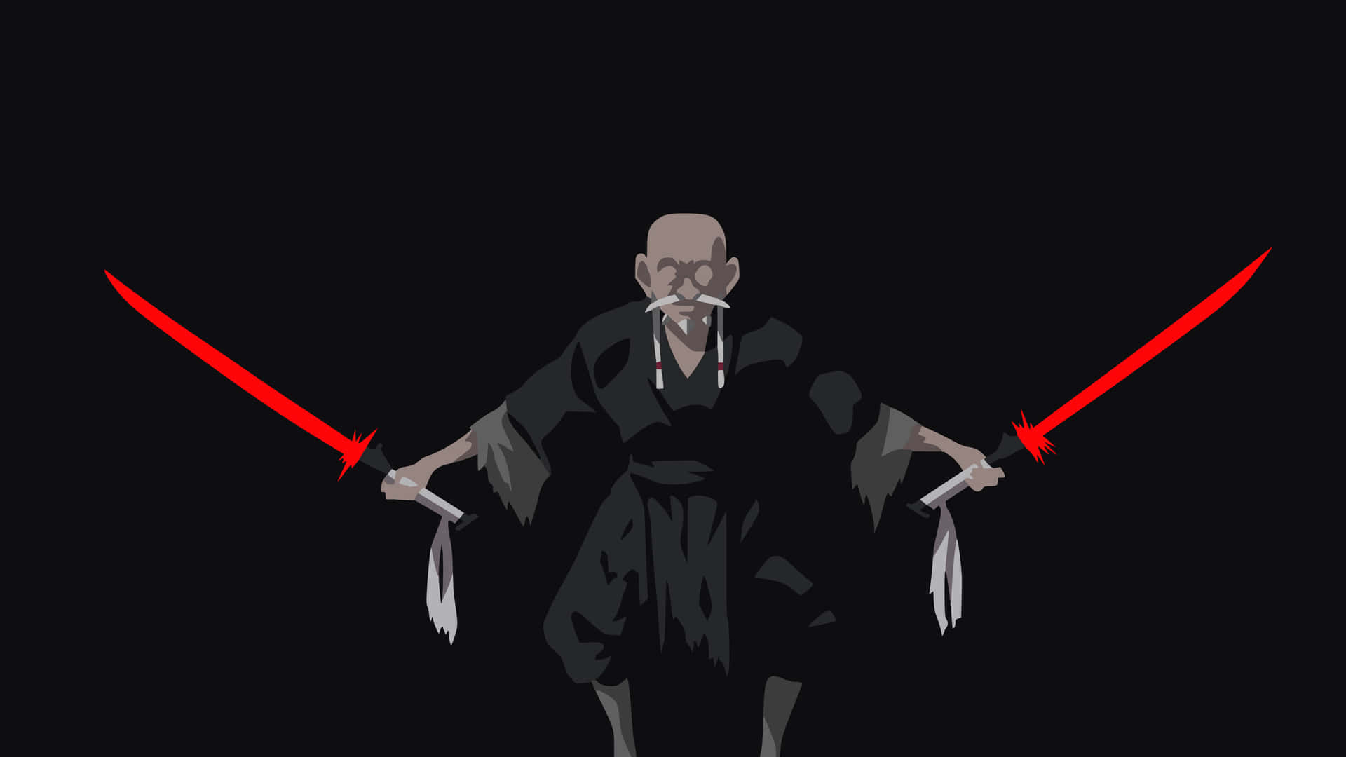  壁紙 — 一個禿頭、留著白鬍子的武士，在黑色背景前揮舞著兩把發光的紅色劍。