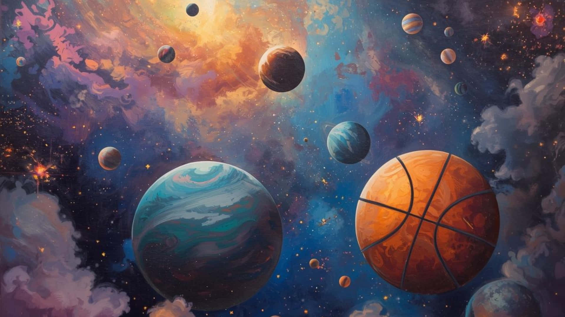  壁紙 — 一個籃球在色彩繽紛的行星和旋轉星雲之間漂浮，構成充滿活力的宇宙場景。