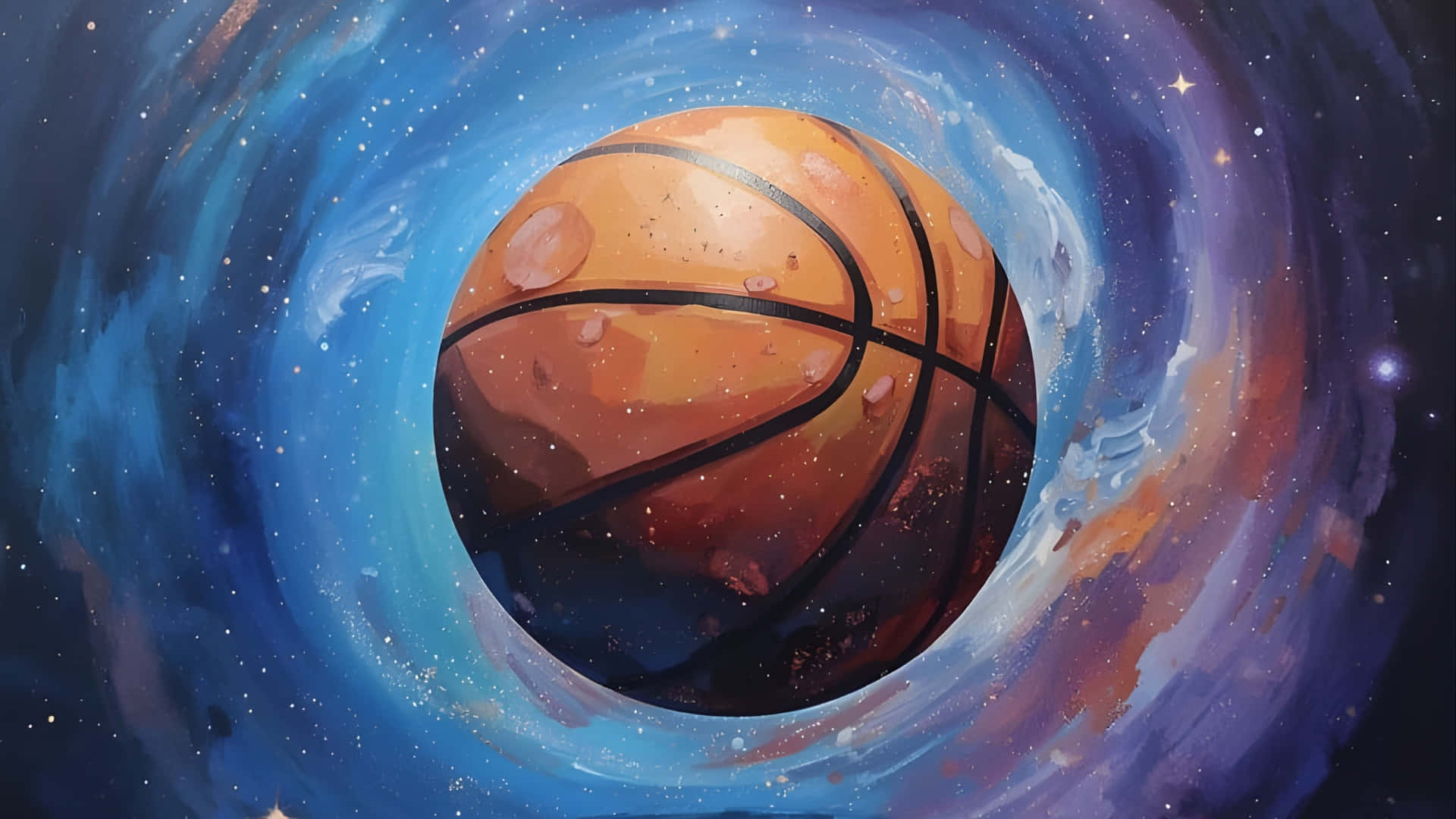  壁紙 — 一個籃球漂浮在旋轉的宇宙星雲中，周圍有星星和宇宙塵埃。