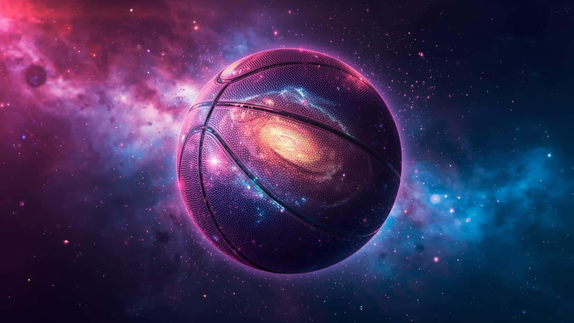  壁紙 — 一個籃球漂浮在充滿活力的宇宙星雲中，散發著粉紅色、藍色和金色的星光。