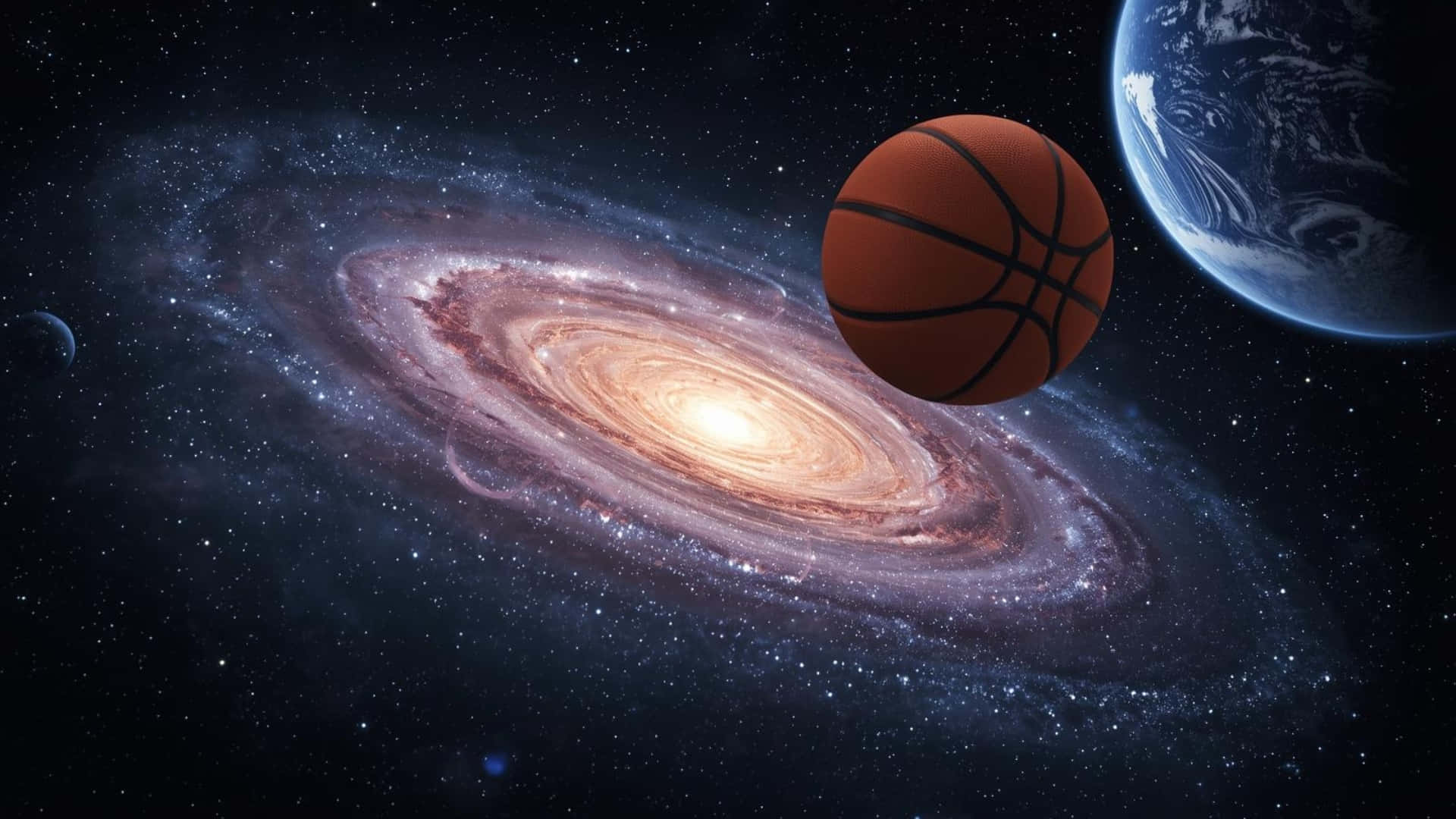  壁紙 — 一個籃球在星空下漂浮在太空，旁邊是地球和一個發光的螺旋星系。