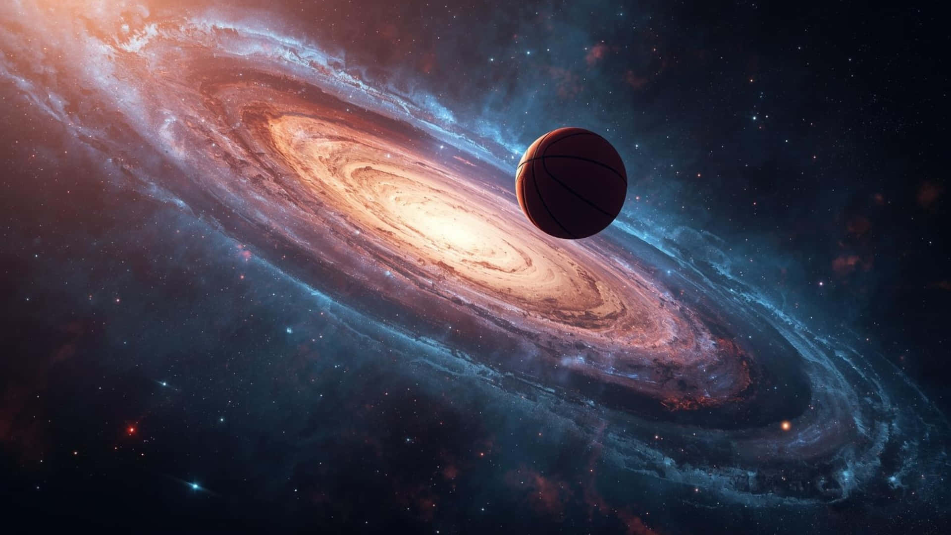  壁紙 — 一個籃球平靜地漂浮在一個旋轉的螺旋星系前，散發著宇宙色彩的光芒。