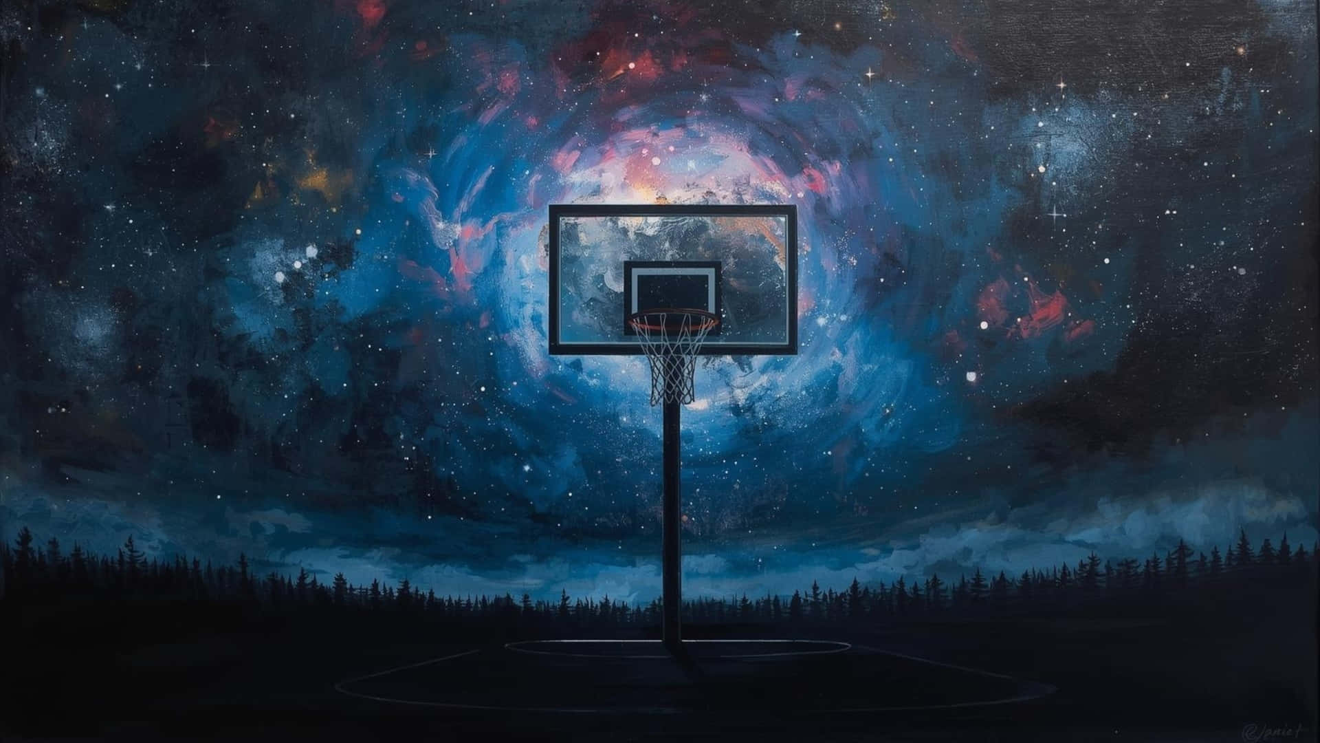  壁紙 — 一個籃球框獨自矗立在充滿星星和鮮豔藍色、粉紅色和紫色的旋轉宇宙星雲下。