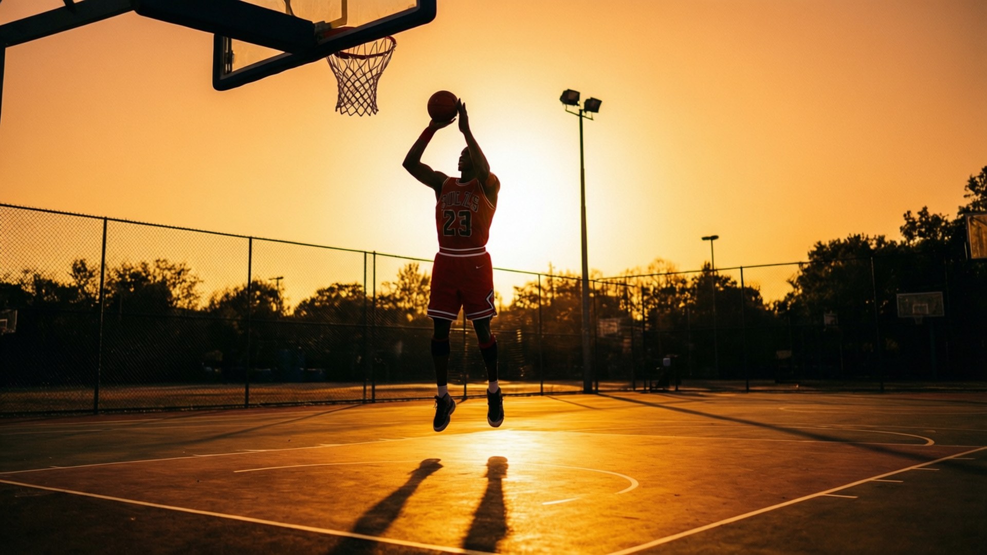 戶外球場上，一名籃球運動員在日落時分空中灌籃的剪影。