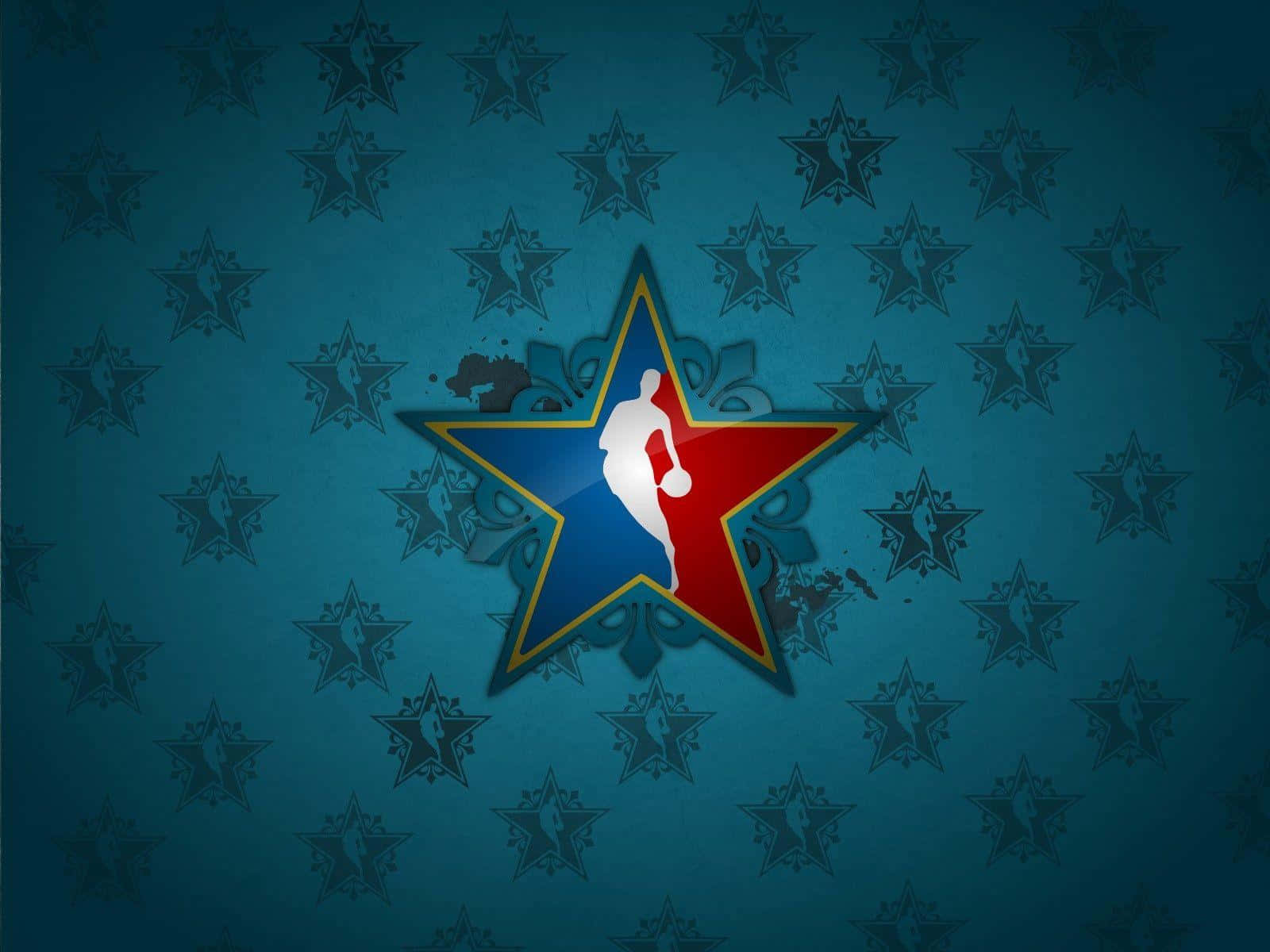 NBA球隊將聖誕節精神傳遍全球 壁紙 — 一個籃球運動員剪影在紅藍星內，背景為青綠色並帶有重複的星星圖案。