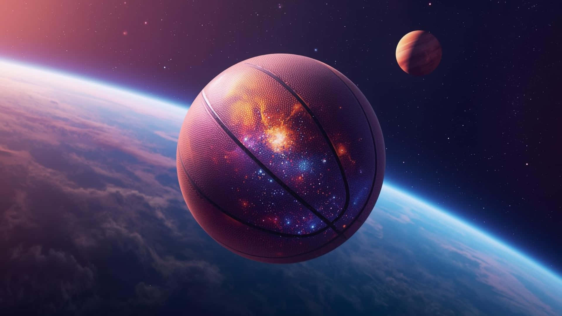  壁紙 — 一個帶有宇宙星雲紋理的籃球漂浮在太空中，位於一個擁有旋轉雲層和發光地平線的行星之上。